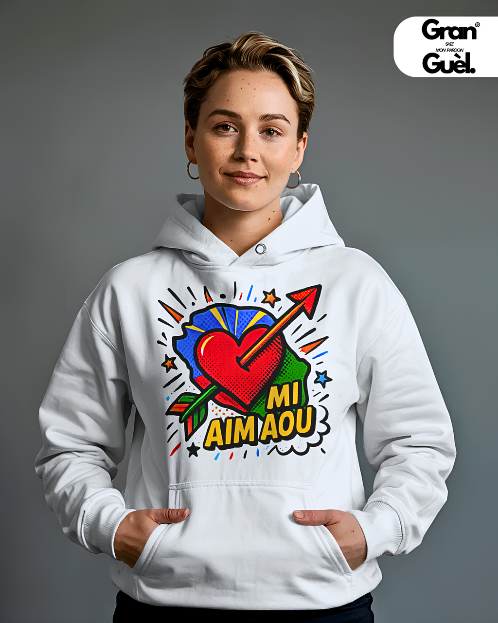 GG - 100%  La Réunion - Sweat à Capuche unisexe - Imprimé "MI AIM AOU "
